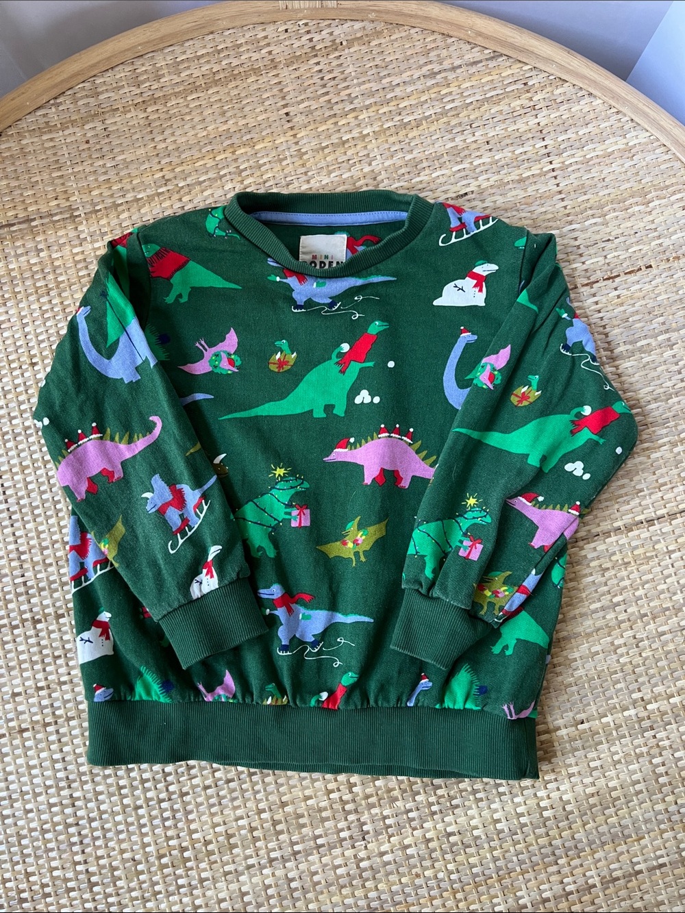 Mini Boden Holiday Dinosaur Green cotton sweatshirt Christmas winter boys 5-6 yr